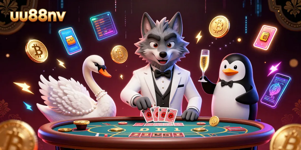 Experience the thrill of uu88nv as a debonair wolf plays baccarat with an elegant swan and a penguin sommelier.