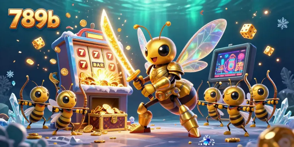 Experience the thrill of 789b with a vibrant 3D illustration showcasing a golden hornet samurai and dynamic casino elements.