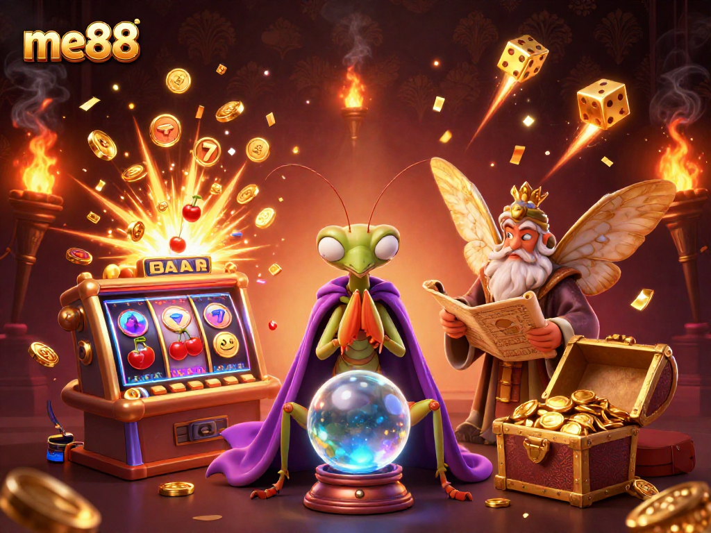 Experience excitement at me88 with a vibrant scene featuring fortune tellers and slot machines.