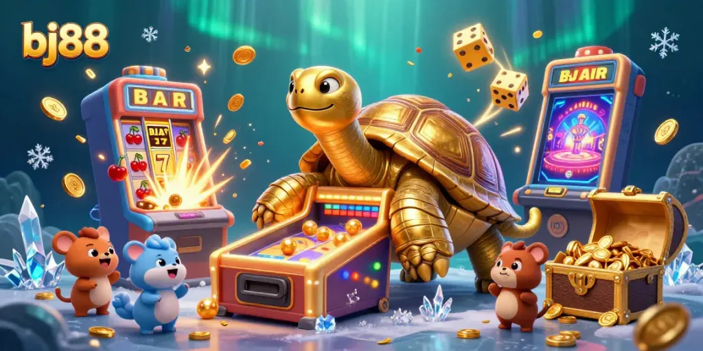 Experience thrilling action with bj88 in a vibrant casino-themed 3D illustration.