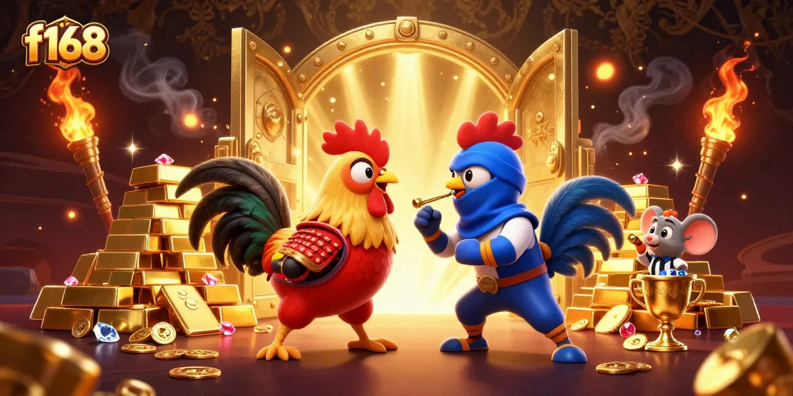 Experience thrilling action at f168 with dramatic rooster showdown in an opulent casino scene.