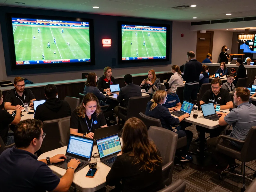 Engaged bettors analyzing odds on their devices at a sports betting lounge with keo nha cai displayed on screens