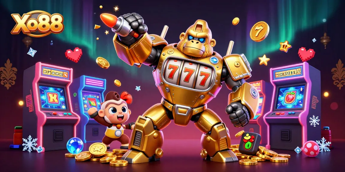 Xo88 showcases an explosive gaming scene with a golden gorilla mech and vibrant arcade elements.