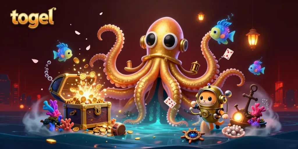 Engage in thrilling togel adventures with a giant kraken, diving cat, and treasures in a vibrant underwater world.