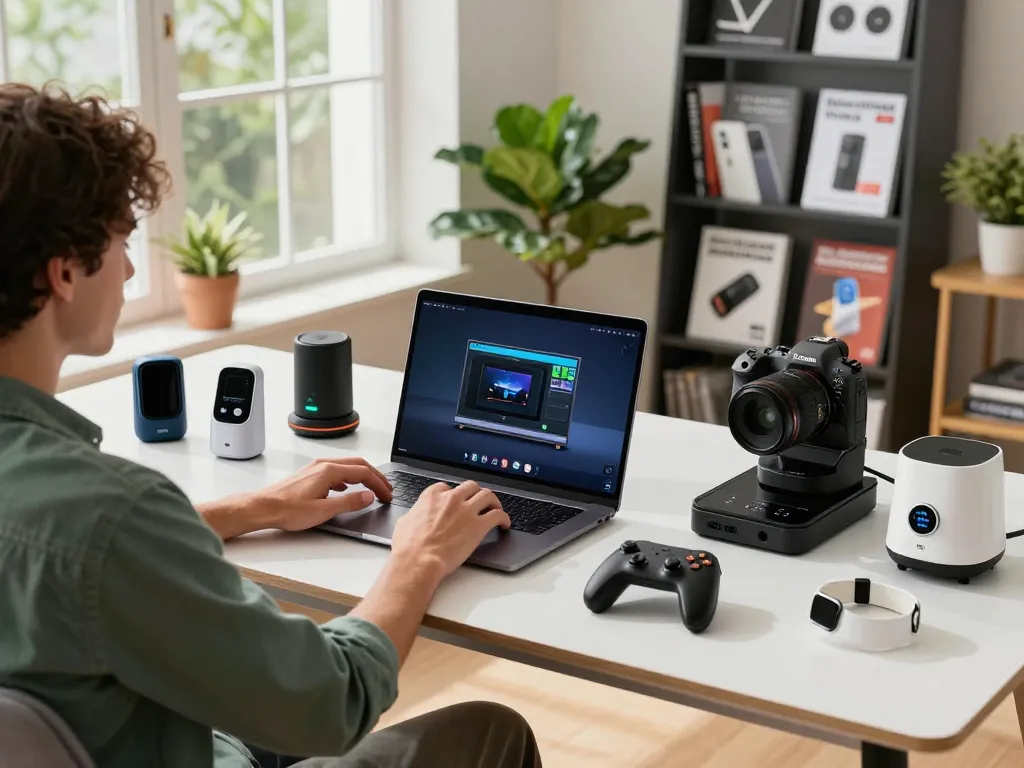 Innovative tech gadgets displayed in a modern workspace with Bluetooth devices enhancing productivity.