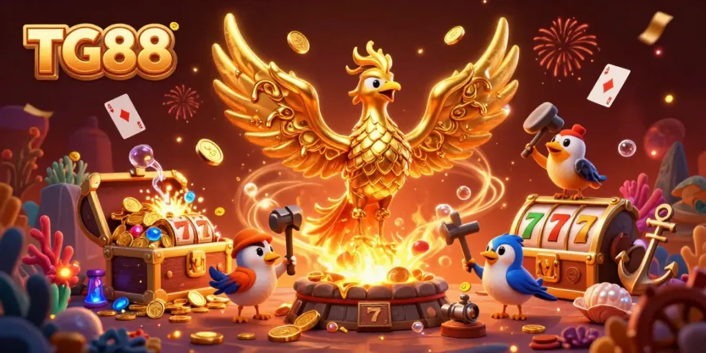 Experience TG88's thrilling casino adventure with a molten phoenix and vibrant game elements.