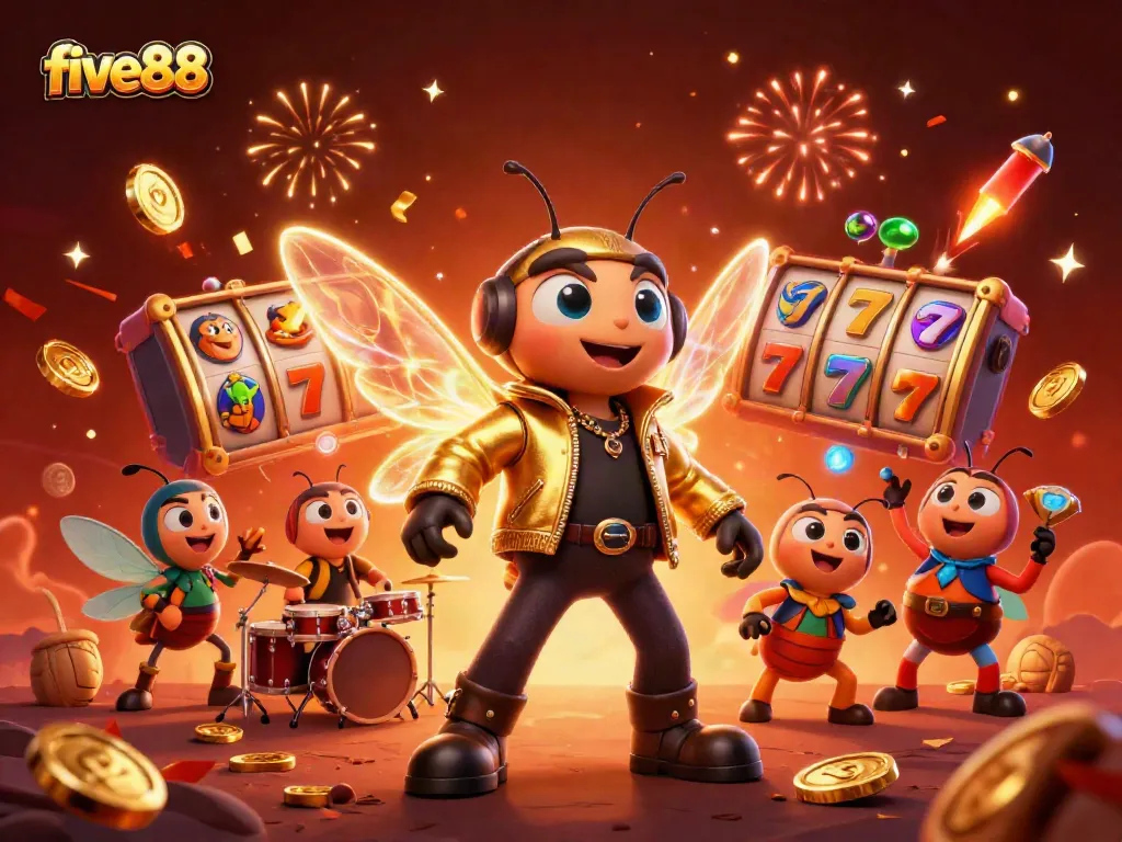 Five88: A vibrant celebration featuring a cicada rock star, beetle drummer, and golden slot game elements amidst festive fireworks.