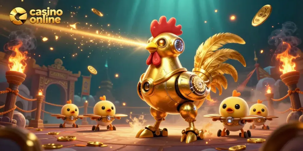 Disfruta de un emocionante casino online con un robot gallo con láser y drones siguiendo por una arena vibrante.