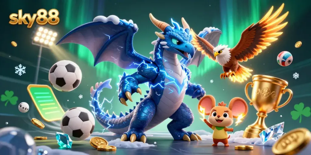 Engaging scene of sky88 with a cartoon dragon, glowing hawk, and a thunder mouse amidst sports elements and vibrant colors.