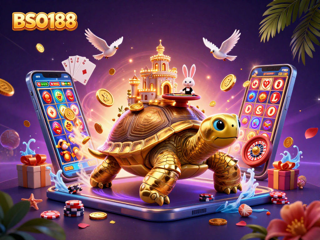 Engage with BSO188's thrilling gaming atmosphere featuring a golden tortoise casino and rabbit dealer.