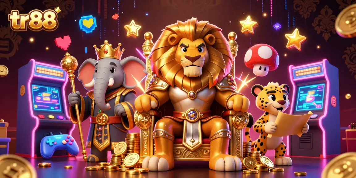 Experience thrilling games at tr88 with a fierce lion king, wise elephant, and speedy cheetah in a dynamic casino scene.