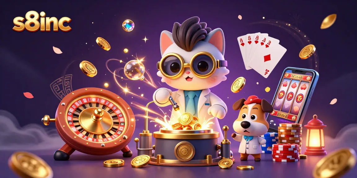 Spin and win at s8inc with vibrant 3D casino elements, including coins and roulette.