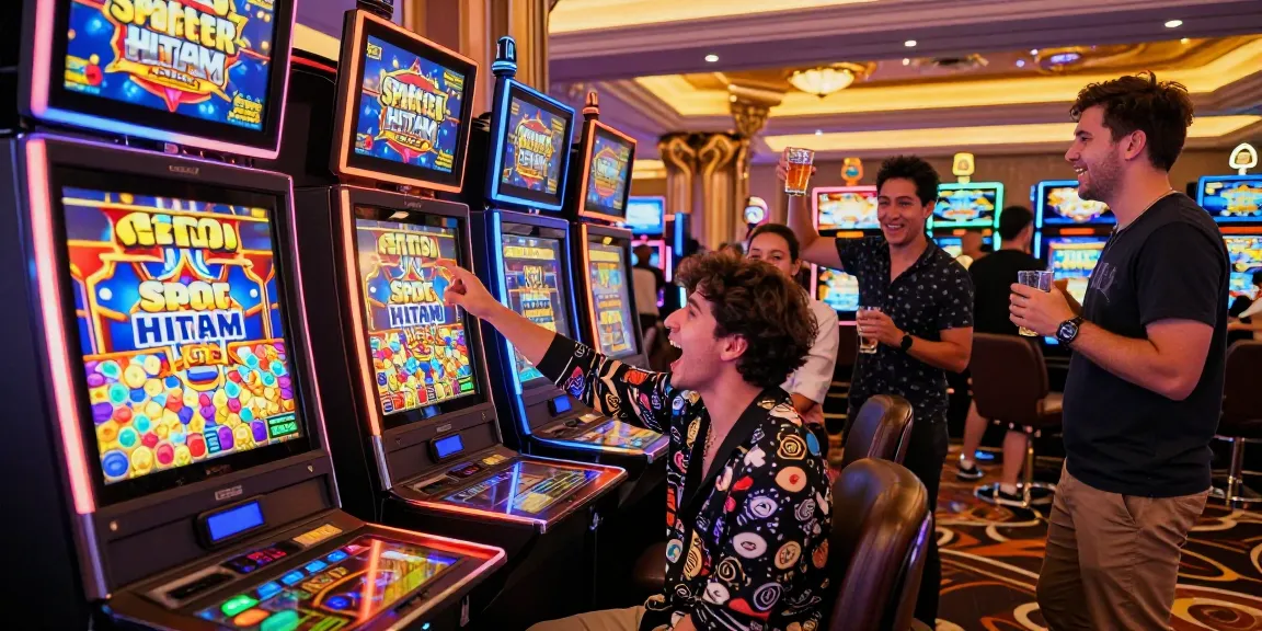 Engaging casino scene with players celebrating their wins at the Slot Scatter Hitam game, showcasing excitement and vibrant atmosphere.
