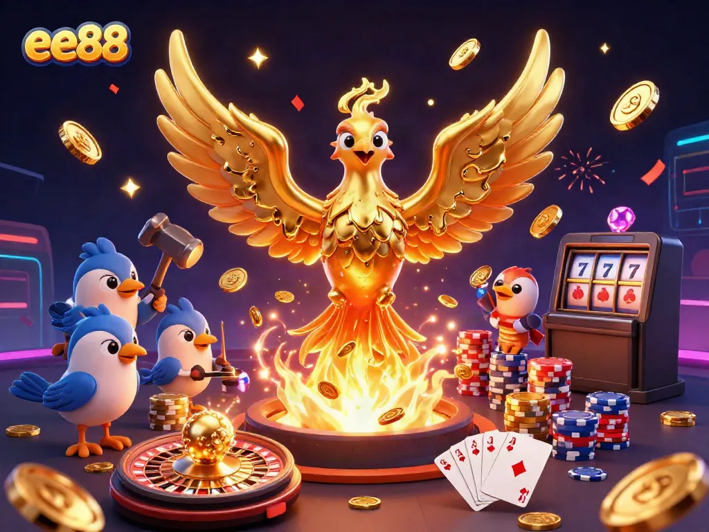 Experience the excitement of ee88 with a dynamic 3D casino scene featuring a molten gold phoenix and bustling games.
