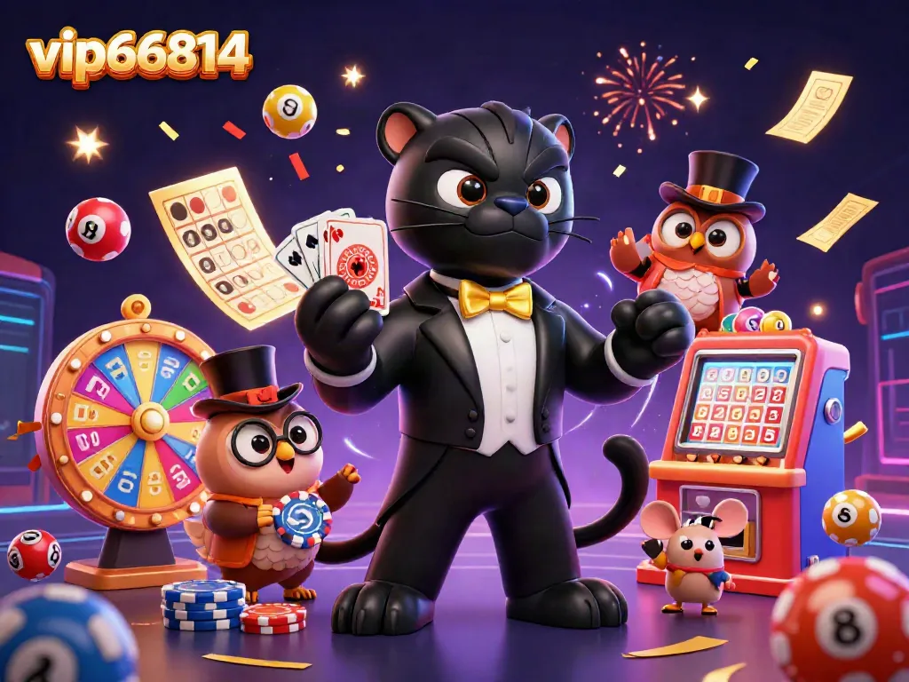 Engage with exciting games at vip66814, featuring a stylish panther dealer with colorful casino elements and a vibrant atmosphere.