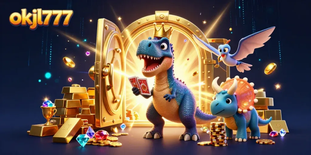 Experience thrilling card action with okjl777 as a T-Rex shuffles and a triceratops stacks chips in a casino scene.