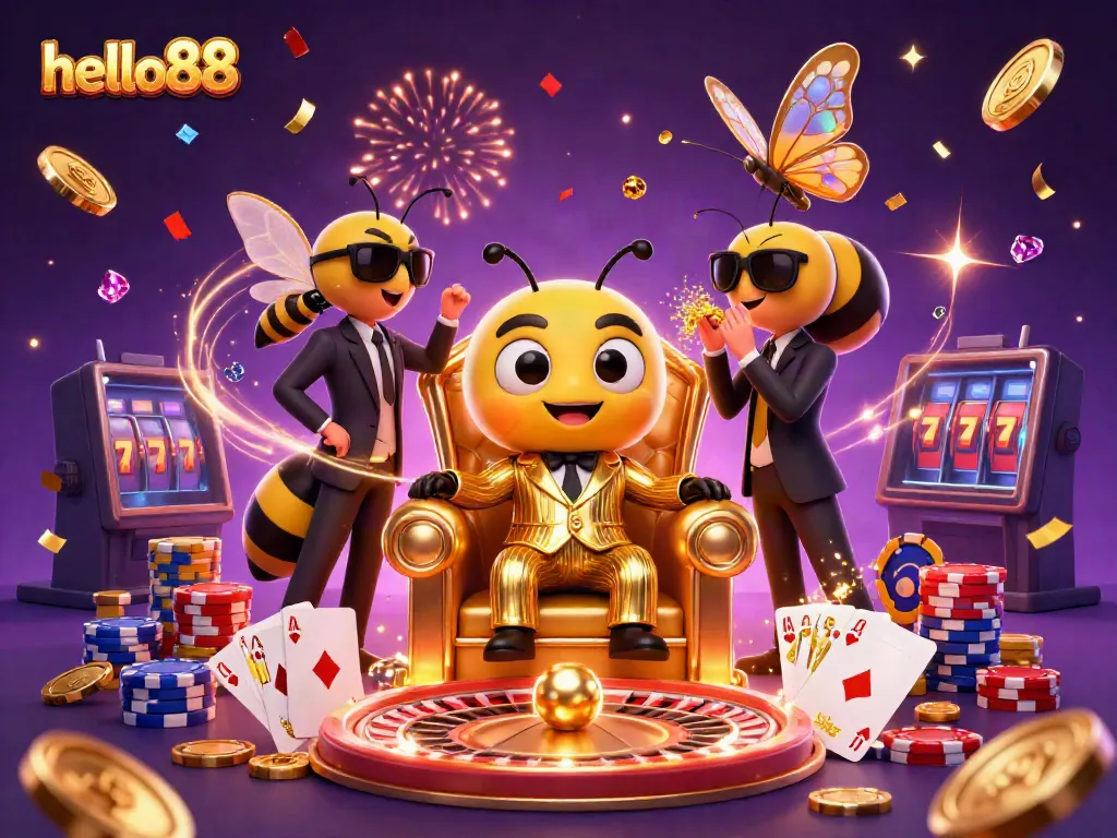 Experience the excitement of hello88 with a vibrant casino scene featuring dynamic characters and glittering game elements.