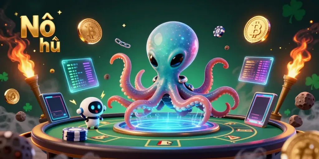 Nổ hũ signifies vibrant alien casino action with poker and asteroid chips in dynamic play.