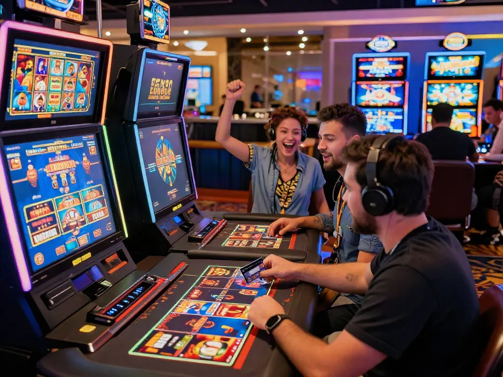 Exciting scene of players at online casinos that accept credit cards, celebrating wins and engaging with games.