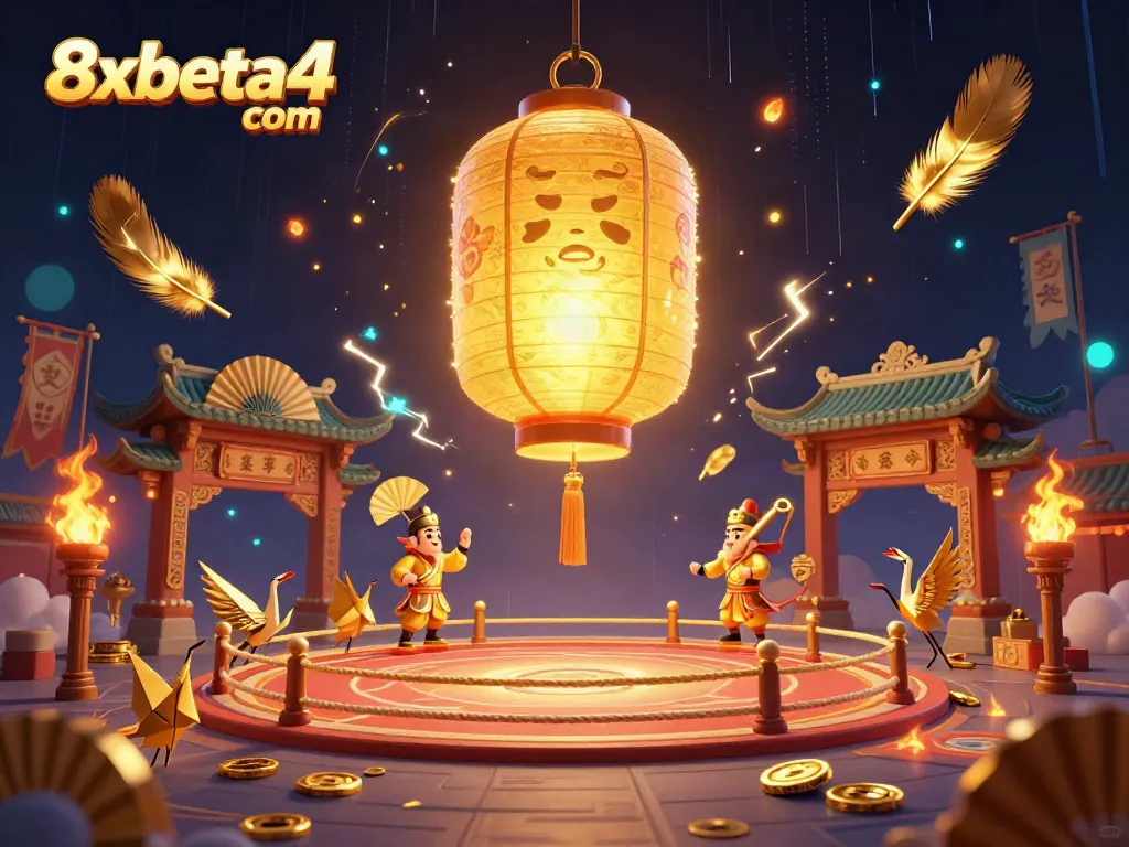 Experience the excitement of 8xbeta4 com in a colorful casino scene with golden lantern spirits and dynamic elements.