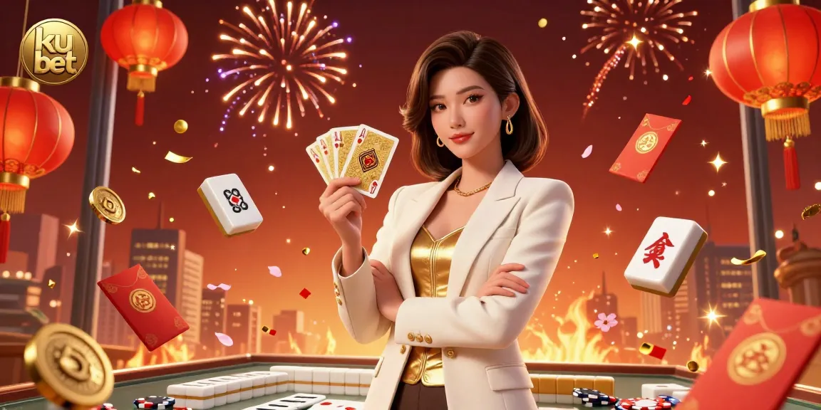 Experience ku bet with a glamorous Asian woman holding cards amidst vibrant casino elements, showcasing gaming excitement.