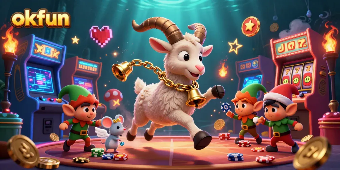 Experience exciting gaming at okfun with Krampus and mischievous characters in a festive casino scene.