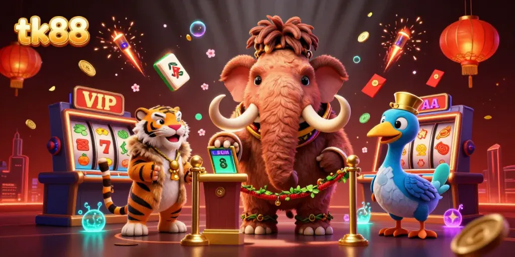 Celebrate wins at tk88 with vibrant casino scenes featuring lively characters and game elements.
