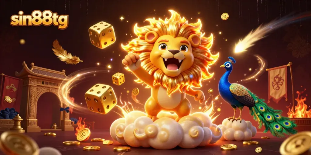 Experience the thrilling universe of sin88tg with a roaring sun lion, golden dice, and casino excitement.
