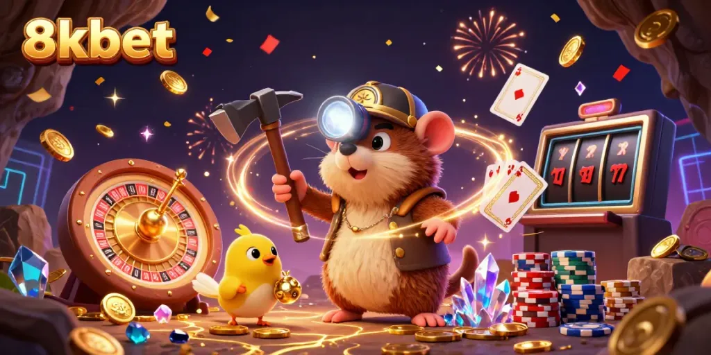 Join the treasure hunt for gold and gems in the exciting world of 8xbet, featuring a whimsical mole and canary.