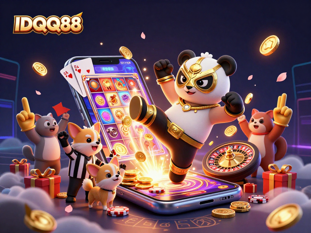 IDQQ88 showcases a panda wrestler soaring in action with vibrant casino elements all around.