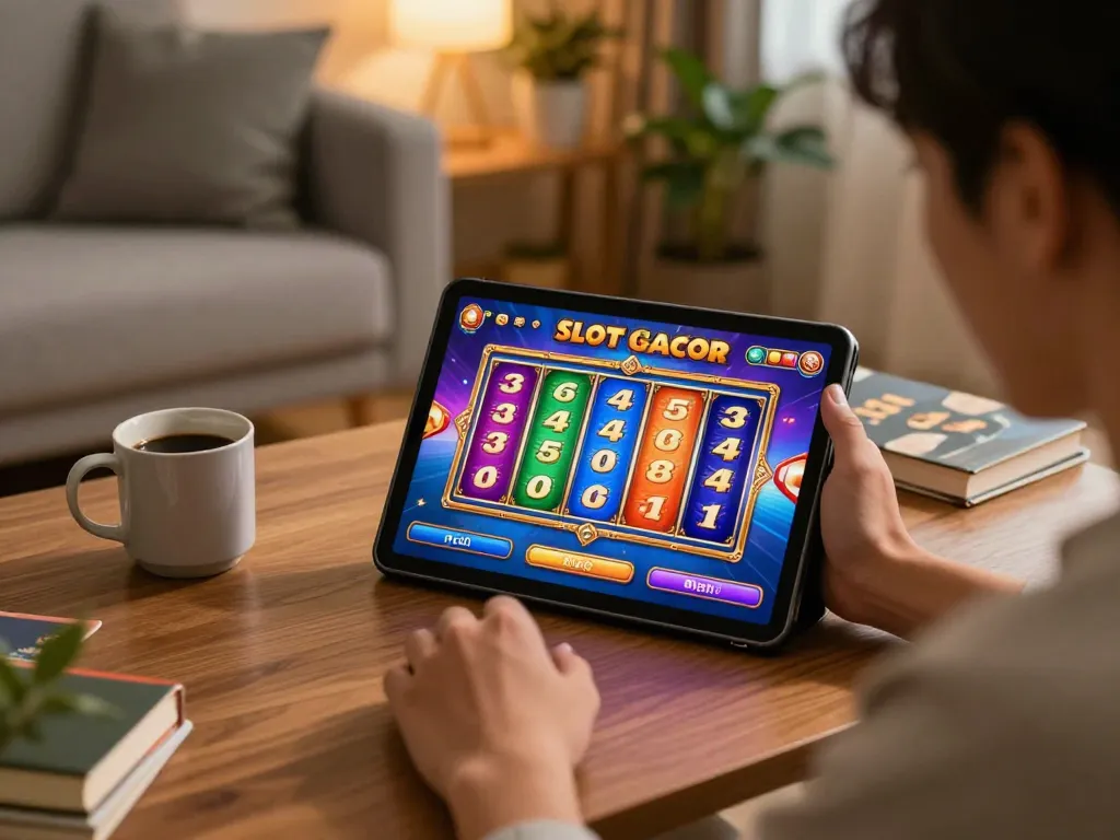 Engaged online player spinning colorful Slot Gacor reels on tablet in cozy setting