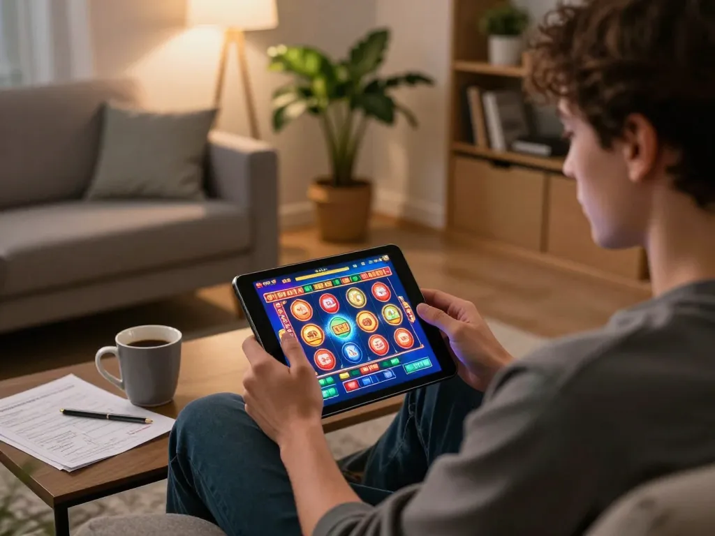 Engaged player enjoying slot luar negeri games on tablet in cozy living room.