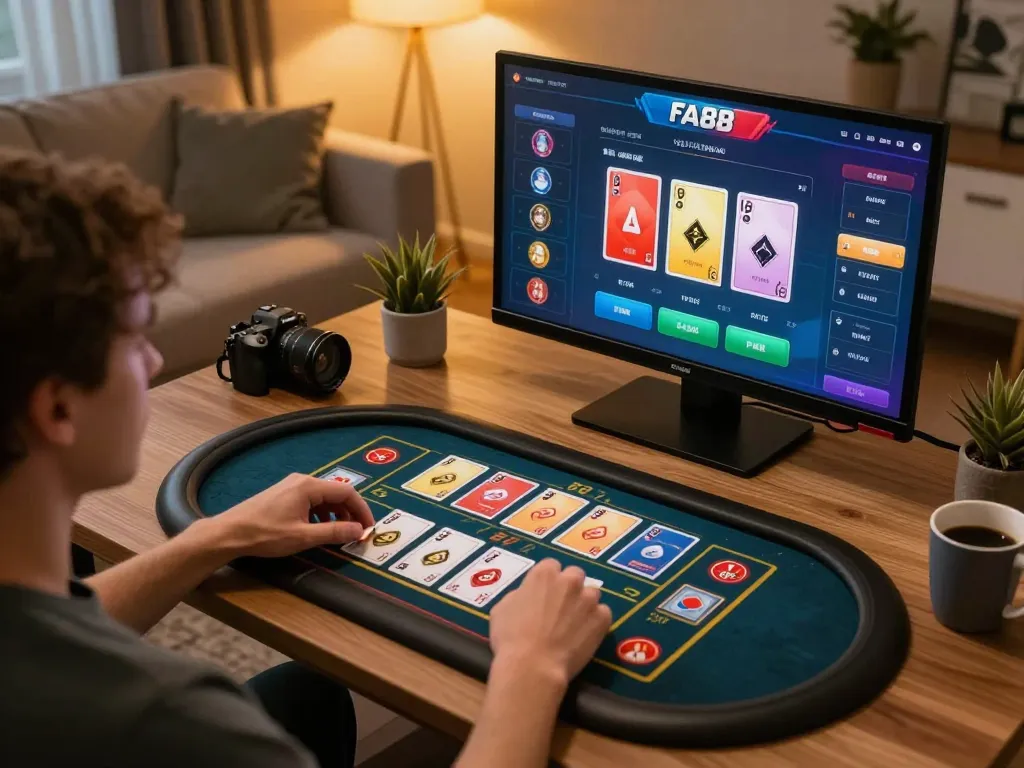 FA88 mobile app displayed on smartphone, showcasing engaging casino gameplay in a cozy home setup