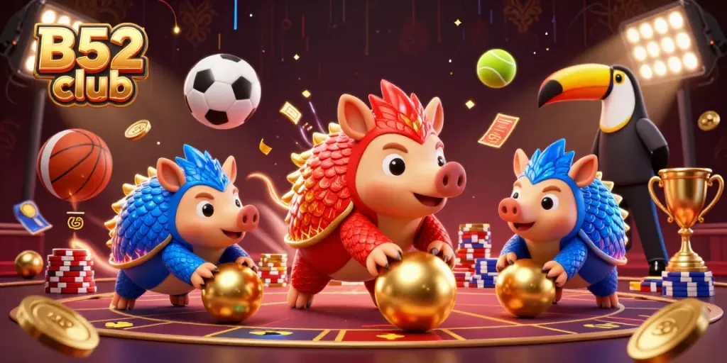Experience excitement with B52 club as rival pangolins bowl through poker chips in a vibrant casino scene.