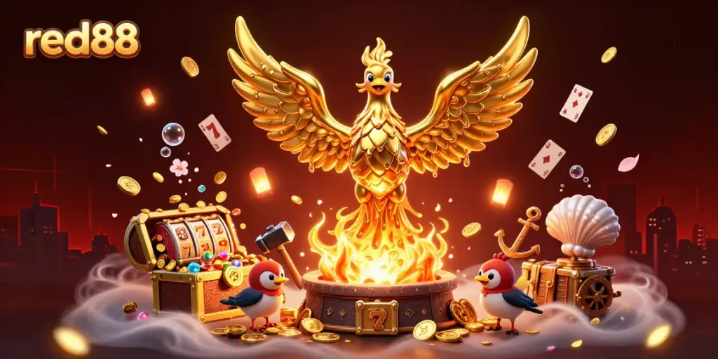 Experience thrilling gameplay at red88 with a molten phoenix ushering in winning opportunities amidst vibrant casino elements.