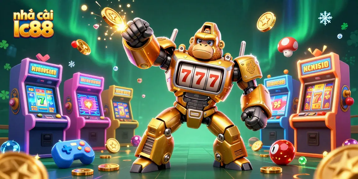 Engage in fun at nhà cái lc88 with a dynamic illustration of a golden gorilla mech from slot machines.
