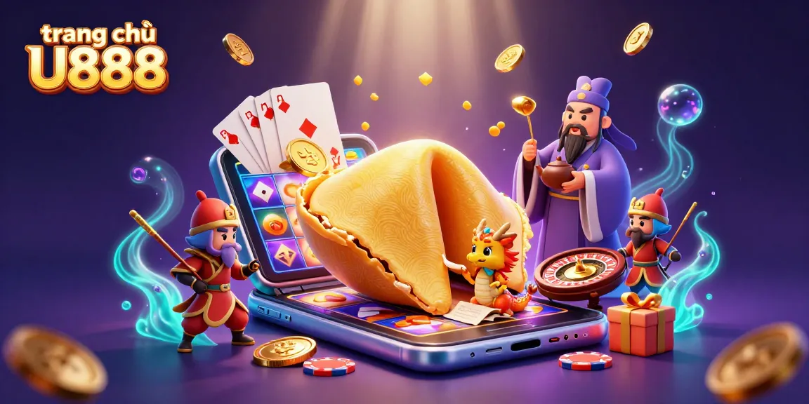 Experience the excitement of tráng chủ U888 with a vibrant 3D illustration of a golden fortune cookie and dragon amidst casino games.