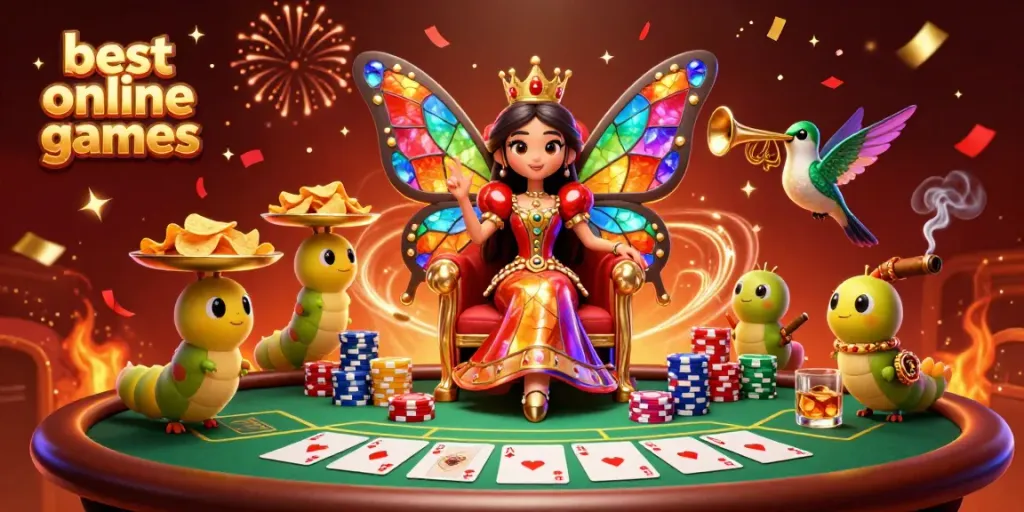 Experience best online casino games with a vibrant display of colorful characters and poker elements.