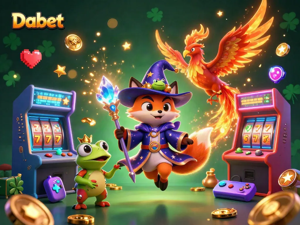 Dabet showcases a mystical wizard fox and phoenix amidst colorful casino elements and slot machines, enhancing the gaming atmosphere.