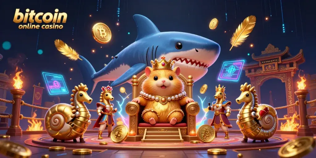 Engaging bitcoin online casino illustration featuring a golden hamster king and vibrant elements.