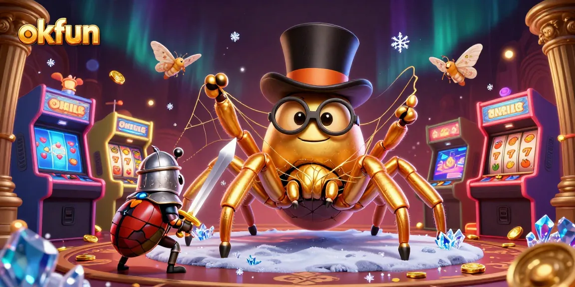 Experience the excitement of okfun's online gaming with a golden tarantula and knight amidst vibrant casino elements.
