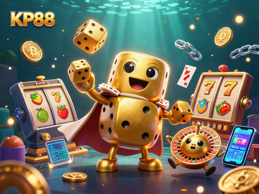 Engage with KP88's vibrant casino scene featuring golden dice and exhilarating slot elements.