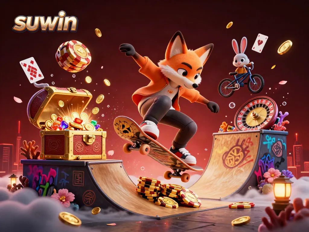 Suwin showcases vibrant gambling-themed 3D action with fox and rabbit characters in an engaging casino scene.