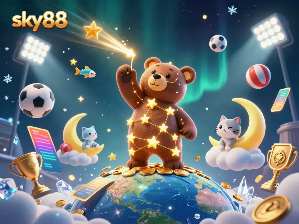 Experience the excitement of sky88 with vibrant casino elements and golden stars.