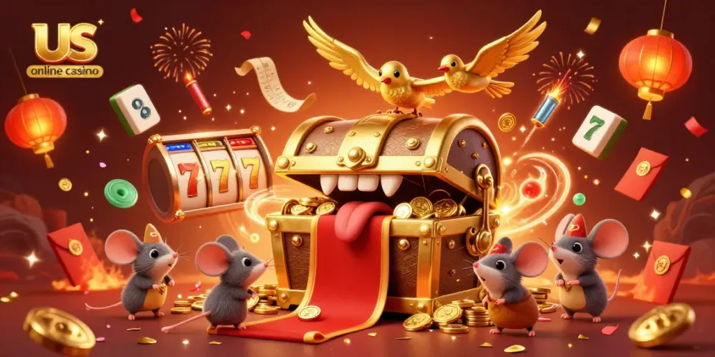 Engage with the vibrant us online casino scene featuring treasure chests, slots, and festive elements.