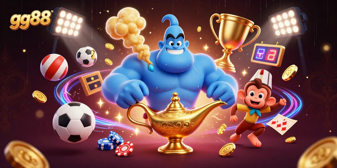 Engage with exciting games at gg88, featuring a dynamic scene of casino elements and vibrant characters.