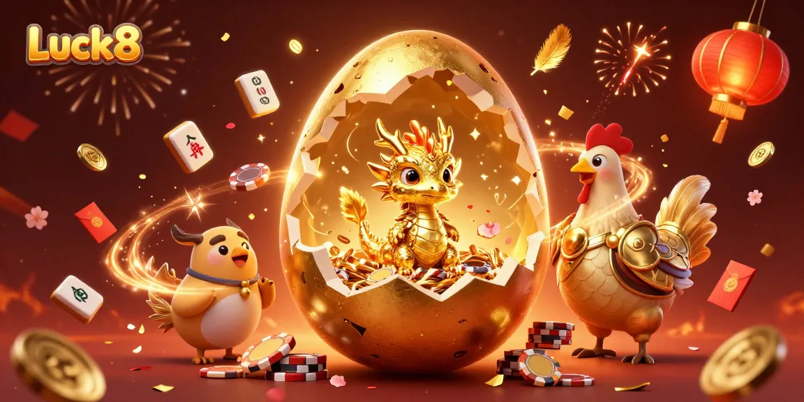Engage with Luck8 at the online casino, featuring a golden dragon, poker chips, and festive elements