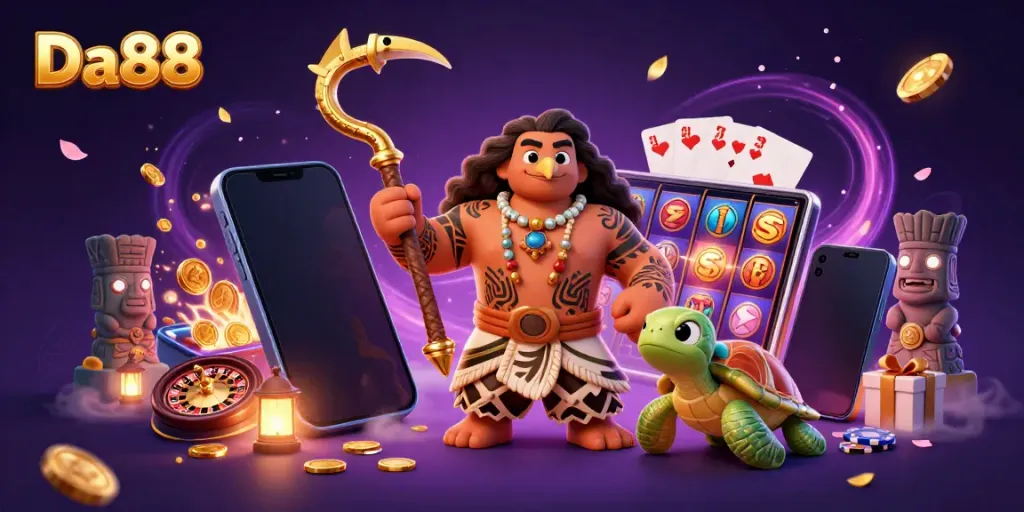 Engage in thrilling games at Da88 with our vibrant 3D illustrative scene featuring exciting casino elements.