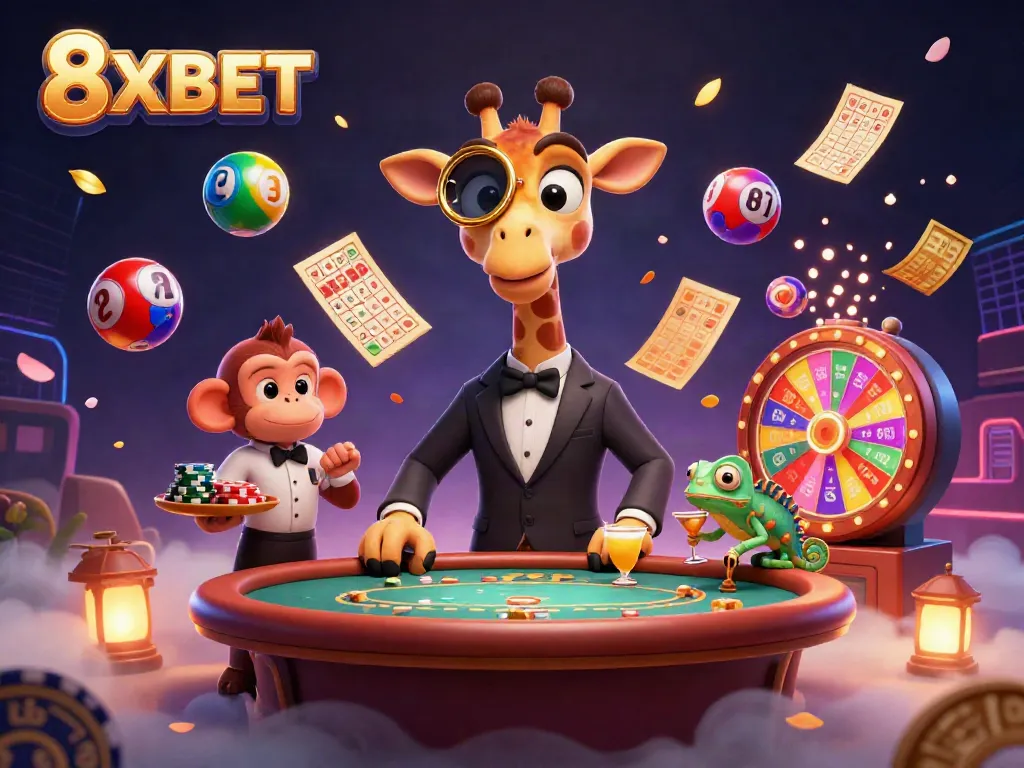 Engage with the lively 8XBET casino scene featuring a high-roller giraffe, monkey valet, and chameleon bartender.
