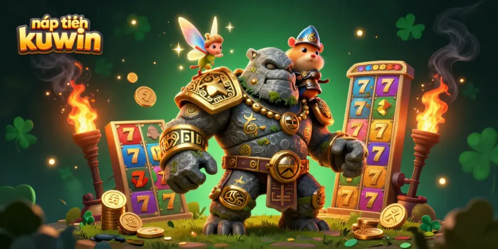 Experience nạp tiền kuwin with vibrant casino elements surrounded by magical characters in a dynamic scene.